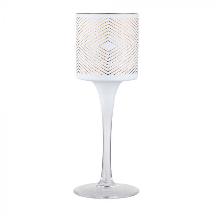 Świecznik szklany biały ze złotym wnętrzem na stopce 7x20 cm dekoracja geometryczna ALTOMDESIGN