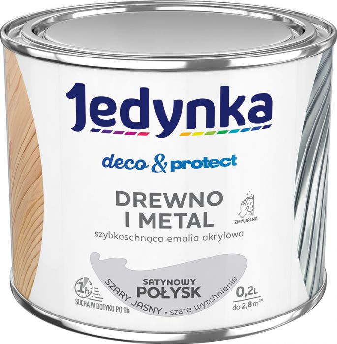 Emalia akrylowa Deco&Protect drewno i metal satynowy połysk szary jasny 0,2 L JEDYNKA